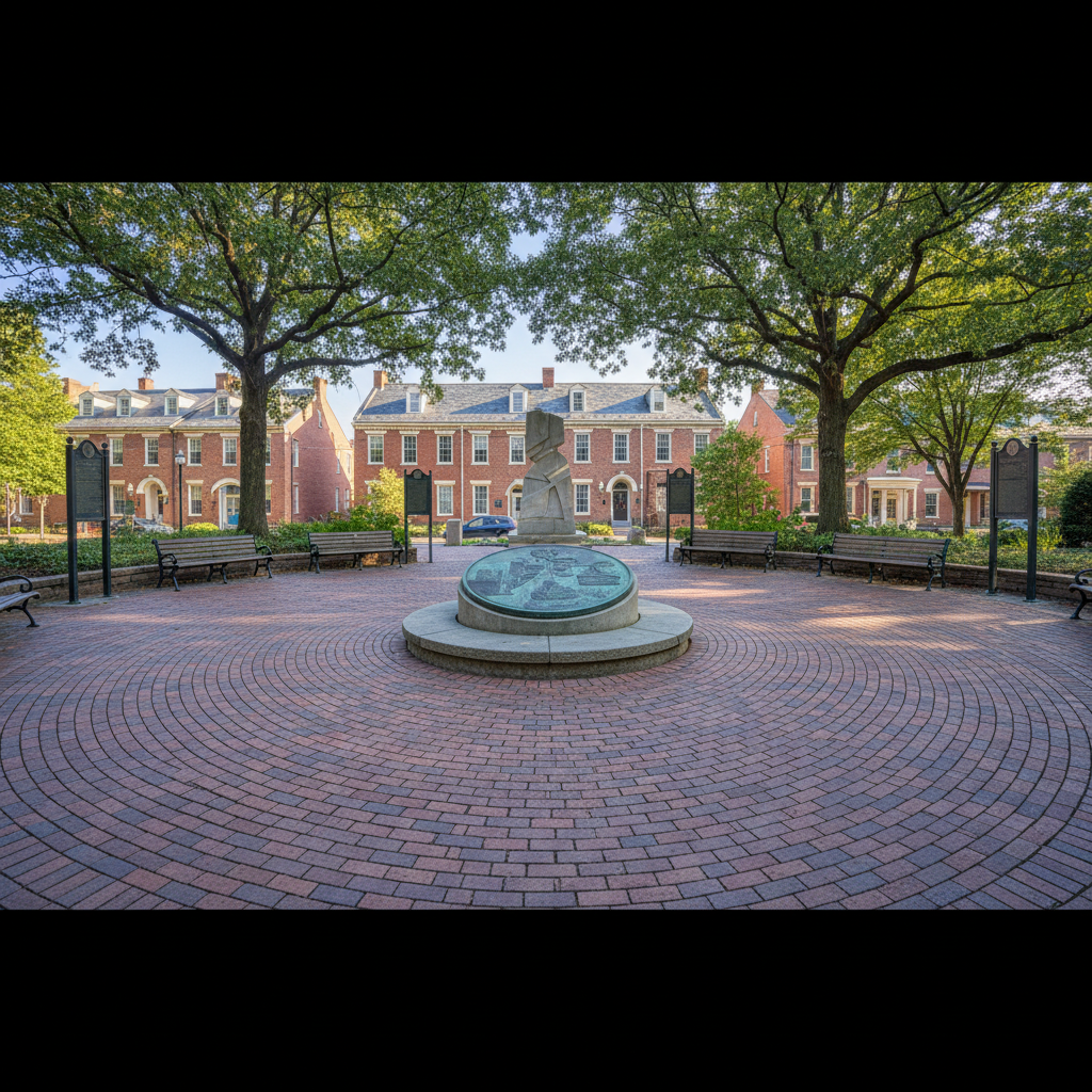 A wide, photographic view of a town square interpreted as a public history space, with brick pathways converging around a central bronze plaque mounted on a low stone pedestal. Surrounding benches, historical markers without readable text, and a subtle outline of an abstract monument suggest layered stories. Mature trees frame the scene, their leaves casting dappled afternoon light across the paving stones, creating a pattern of warm highlights and cool shadows. In the distance, low historic-style buildings are softly blurred. Captured at eye level with a balanced, symmetrical composition and deep focus, the atmosphere is welcoming and contemplative, showing an everyday civic landscape transformed into a place where shared historical memory and community narratives meet.