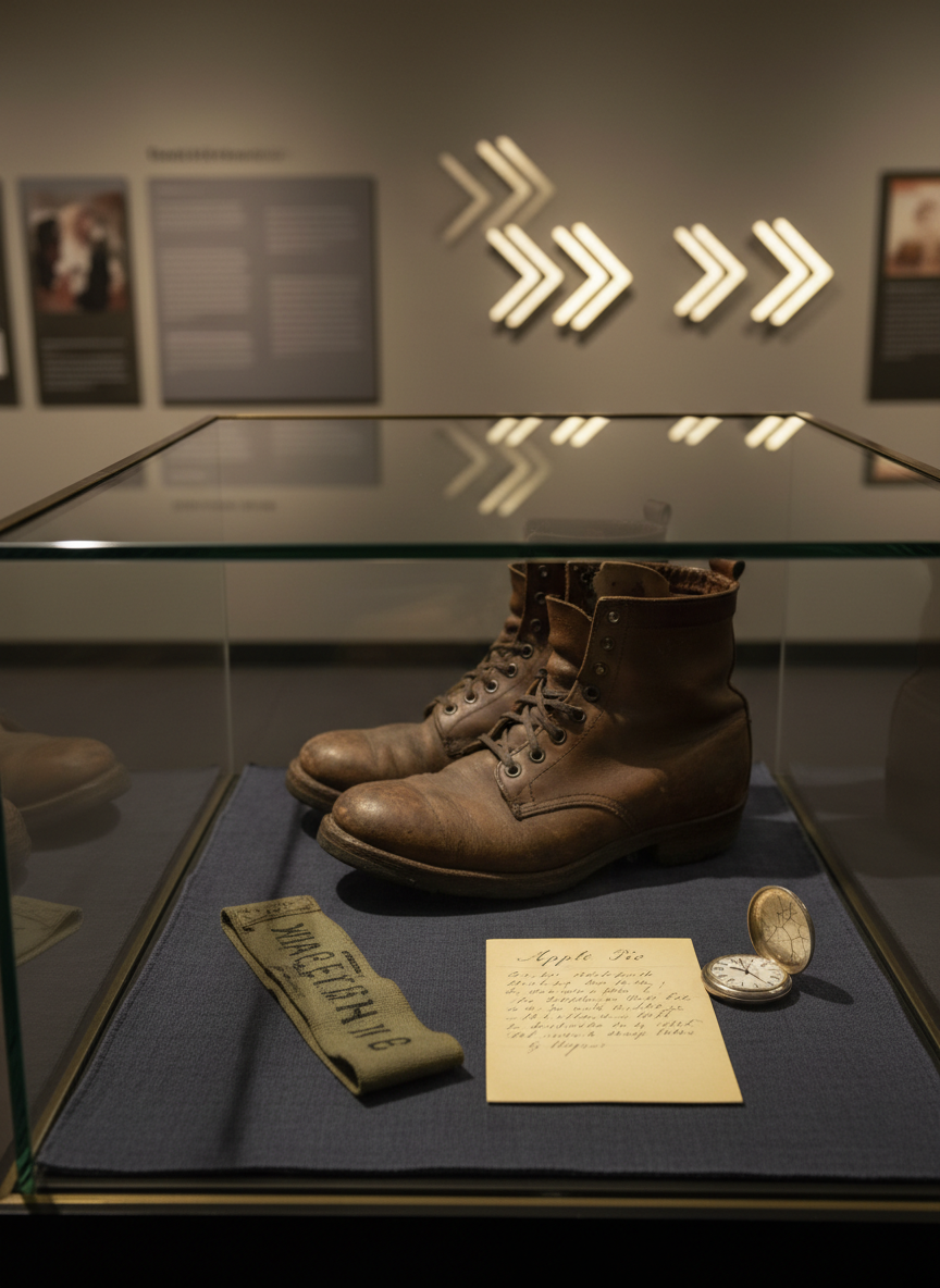 A glass display case in a modest community museum, photographed in realistic detail, containing a carefully arranged collection of everyday artifacts: a worn pair of work boots, a faded fabric armband, a handwritten recipe card, and a tarnished pocket watch resting on dark linen. The case stands against a softly lit neutral wall with blurred interpretive panels and directional arrows in the background, suggesting a larger exhibit beyond. Overhead museum lighting casts a gentle, even glow without harsh reflections, creating fine highlights on the glass edges. Shot from a slightly elevated angle using the rule of thirds, the composition feels calm, respectful, and professional, emphasizing how ordinary objects preserve the humanity behind public history.
