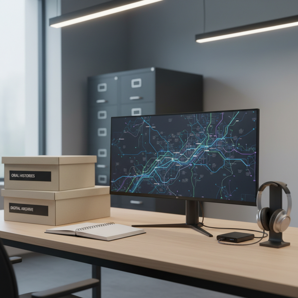 A clean, modern workstation for a public historian, featuring a large flat-screen monitor displaying an abstract, text-free digital map interface, positioned beside a stack of labeled archival cartons and a notebook open to a blank spread. A pair of over-ear headphones rests on the desk near a small external hard drive, hinting at oral history work. The desk surface is smooth, light wood, contrasting with the muted gray walls and a tall metal filing cabinet fading into soft blur. Cool, indirect daylight from a nearby window combines with subtle overhead office lighting, creating a calm, focused atmosphere. Photographed from a three-quarter angle with a moderate depth of field, the image feels organized, contemporary, and professional, emphasizing digital tools in the service of human-centered history.