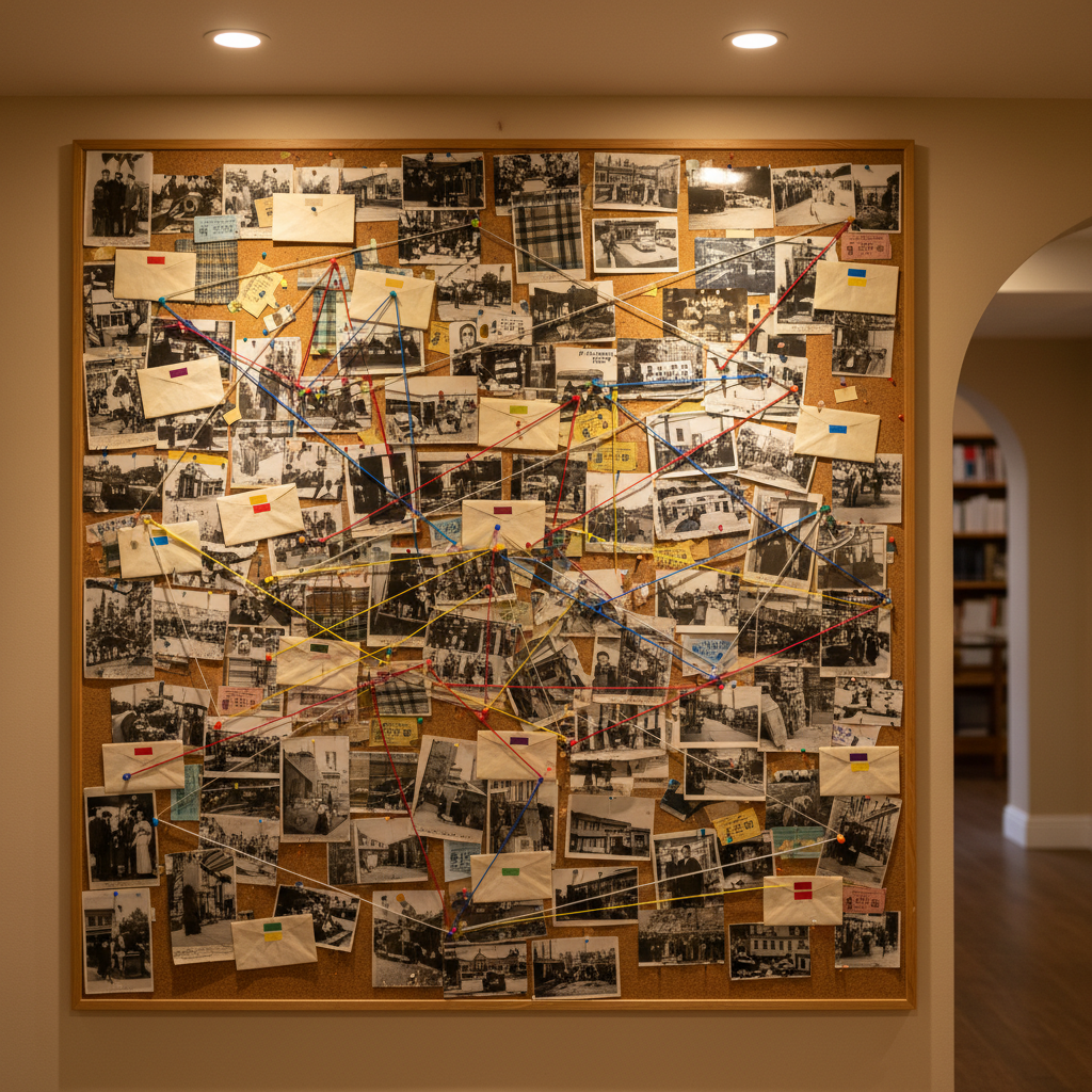 A large wooden pinboard in a community history center, photographed in crisp detail, filled with overlapping photocopied photographs, fabric swatches, ticket stubs, and small envelopes labeled only with color-coded tags, no legible text. Colored pins and strings connect clusters of items, creating visual constellations of memory. The board stands against a simple, softly blurred wall with a faint outline of a doorway leading to an archive room. Warm ambient lighting from ceiling fixtures casts gentle, even illumination, with mild shadows enhancing texture in the paper and cork. Shot straight-on with a slightly wide lens and sharp focus throughout, the composition feels organized yet organic, conveying the professional yet human work of curating many small voices into public history.